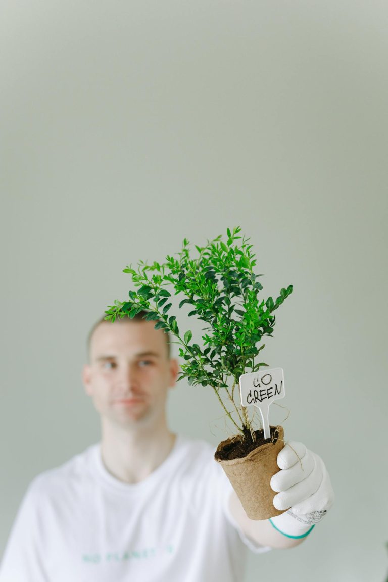 A man holding a potted plant, advocating for a greener lifestyle.